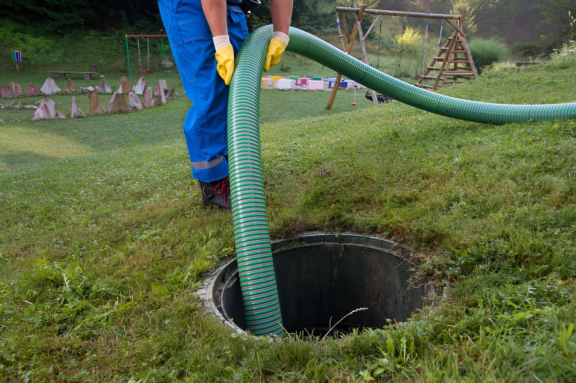 Person Holding a Green Hose Over an Open Septic Tank — Paap's Cleansing Services in Burrum Heads, QLD