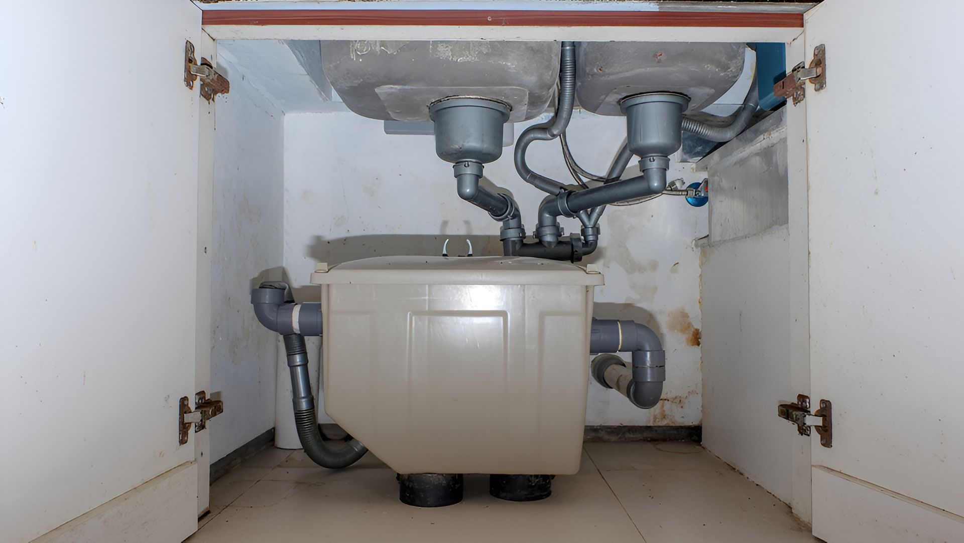 Kitchen Cabinet With Plumbing Beneath a Double Sink — Paap's Cleansing Services in South Kolan, QLD