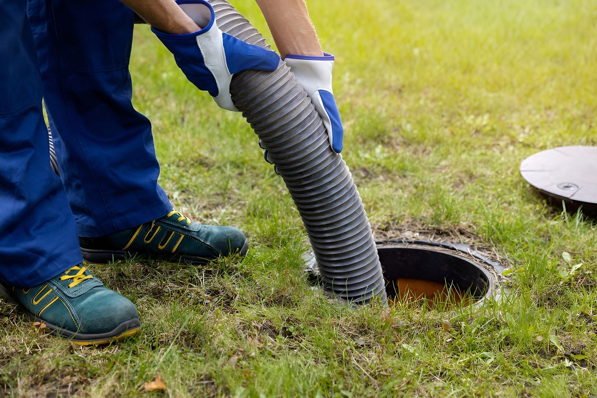 Person Pumping Out a Septic Tank in a Grassy Yard — Paap's Cleansing Services in Lowmead, QLD