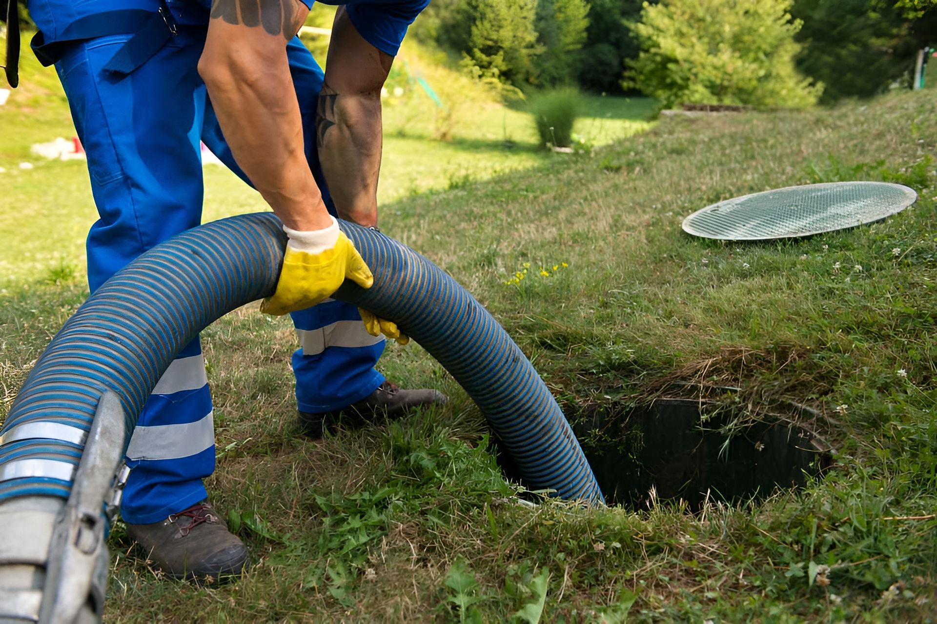 Man in Blue Overalls Using a Hose to Pump Out a Septic Tank — Paap's Cleansing Services in Branyan, QLD