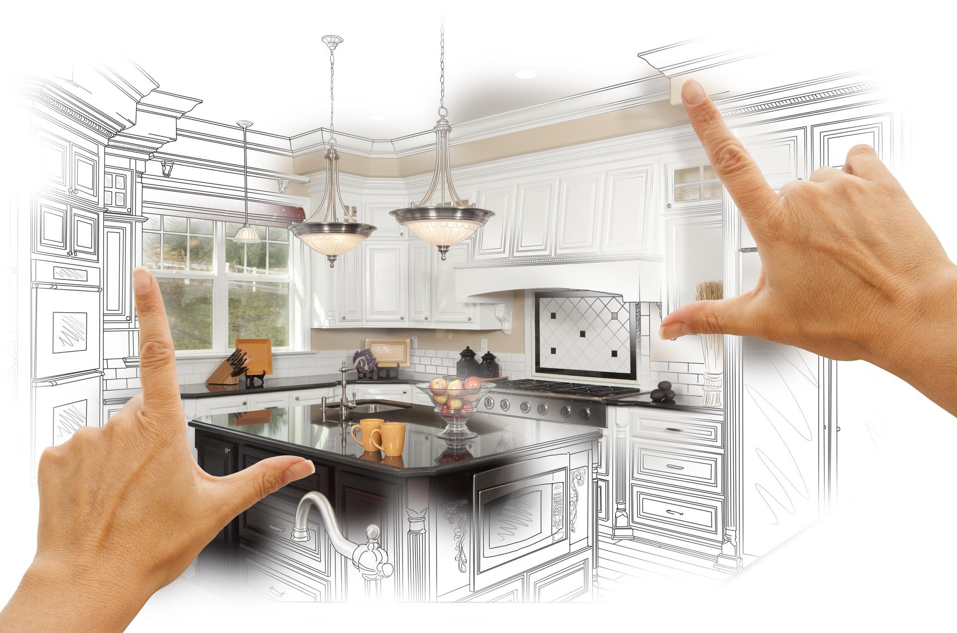 a person is pointing at a drawing of a kitchen .