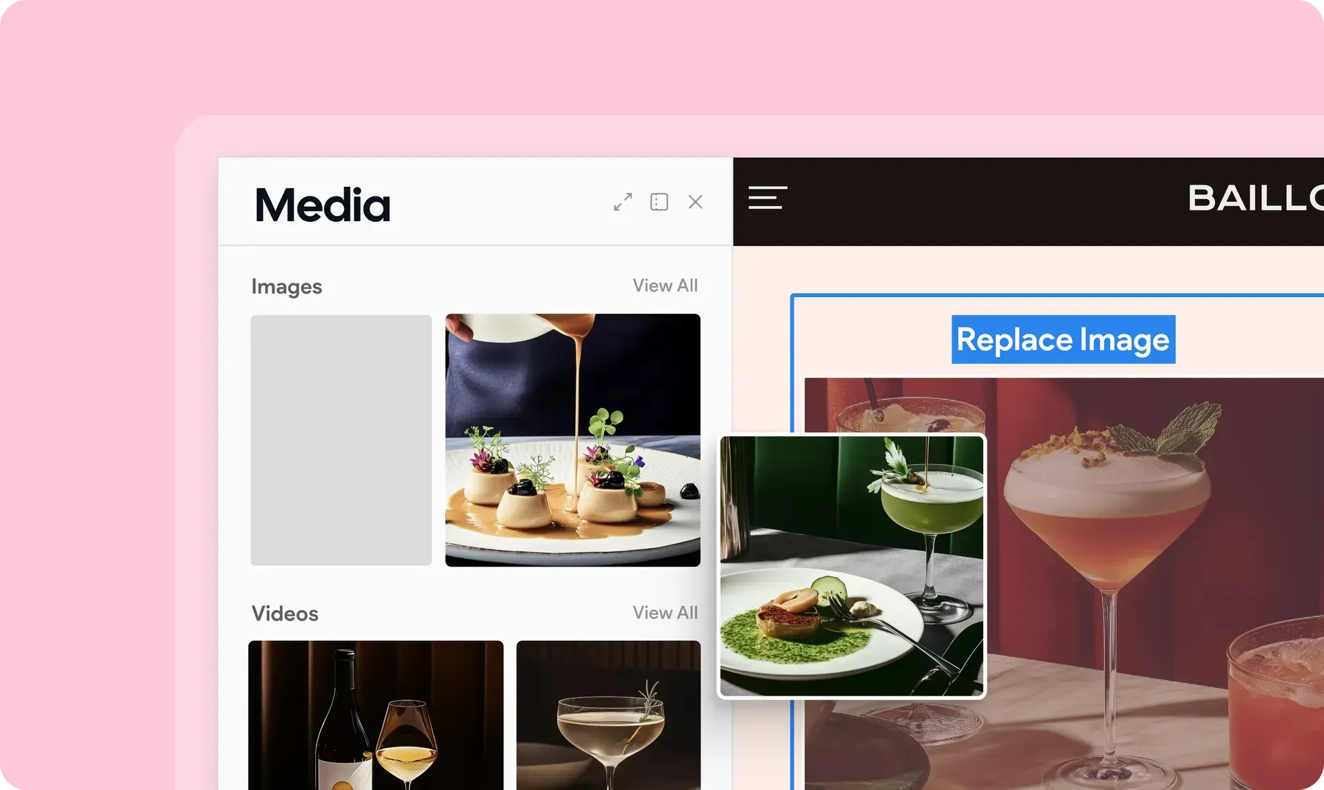 Uma tela de computador mostra uma colagem de fotos de comida e bebidas.
