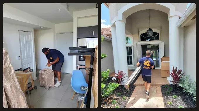 Two movers load boxes and furniture from a home, one inside, one outside by the front door.
