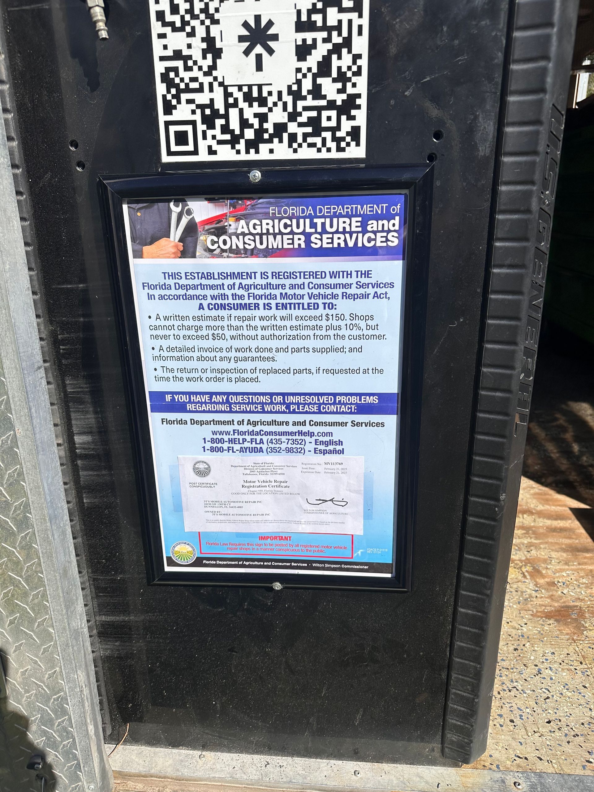 Black box with a sign for Agriculture and Consumer Services | 3T’s Mobile Automotive Repair Inc.