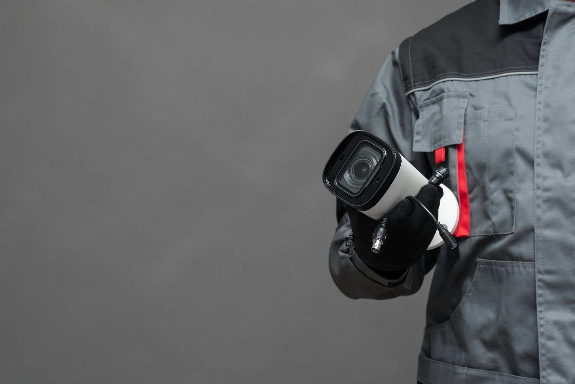 Person in work uniform holding a security camera against a gray background.