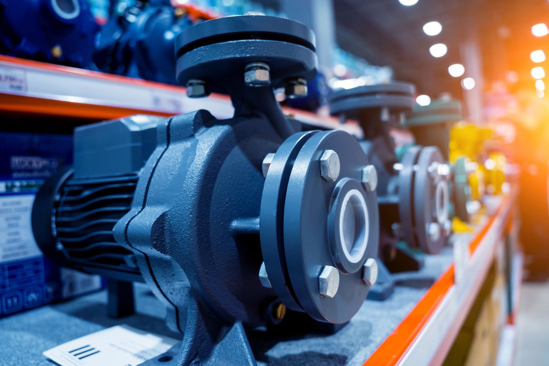 Row of black water pumps on a shelf, lit by bright light.
