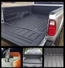 rear view of silver truck with black spray in liner, smaller photos underneath of man spraying truck bed liner, and detail shot of truck bed liner