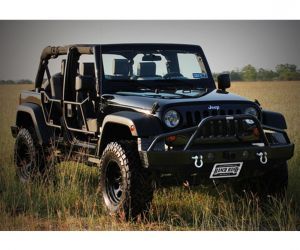 black jeep wrangler with open top and sides and black bumper