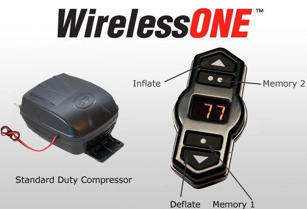 wireless one air lift: diagram of standard duty compressor and remote control for infation, deflation and two memory settings