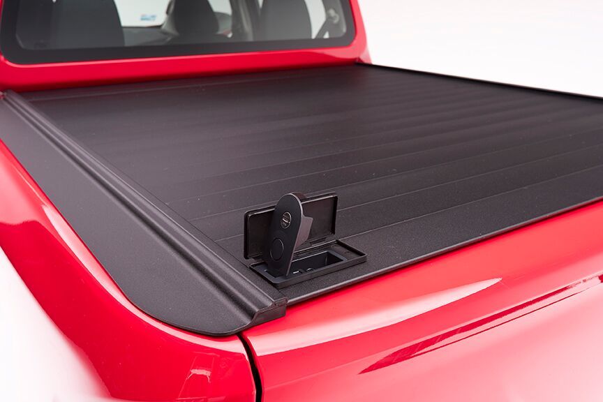detail shot of ReTrax pro lock on black retractable truck bed cover