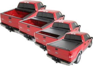 progression shot of closing Roll-n-Lock truck bed cover on red chevy pickup truck