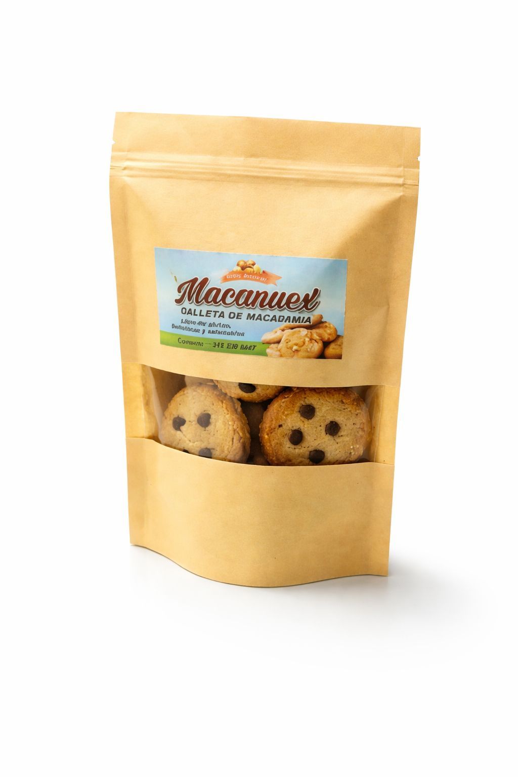 Una bolsa vertical de galletas con chispas de chocolate Macanuez