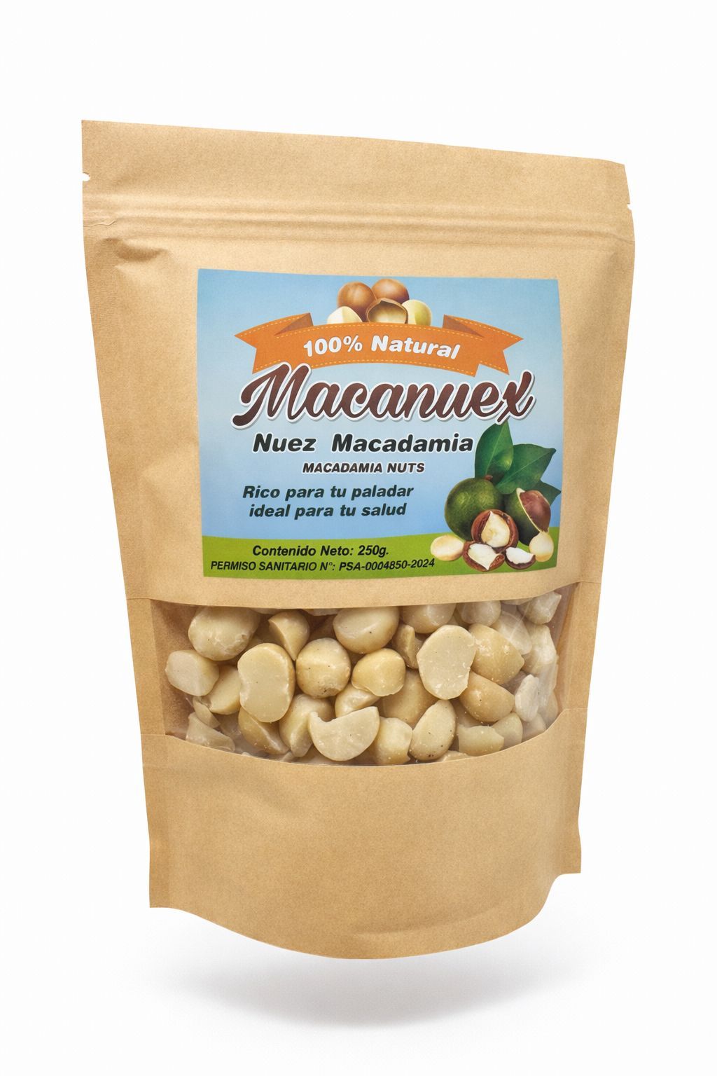 Una bolsa vertical de nueces de macadamia de la marca Macanuez