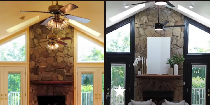 Comparison of rooms before (left) and after (right) renovation; stone fireplace, ceiling fan, and large windows.