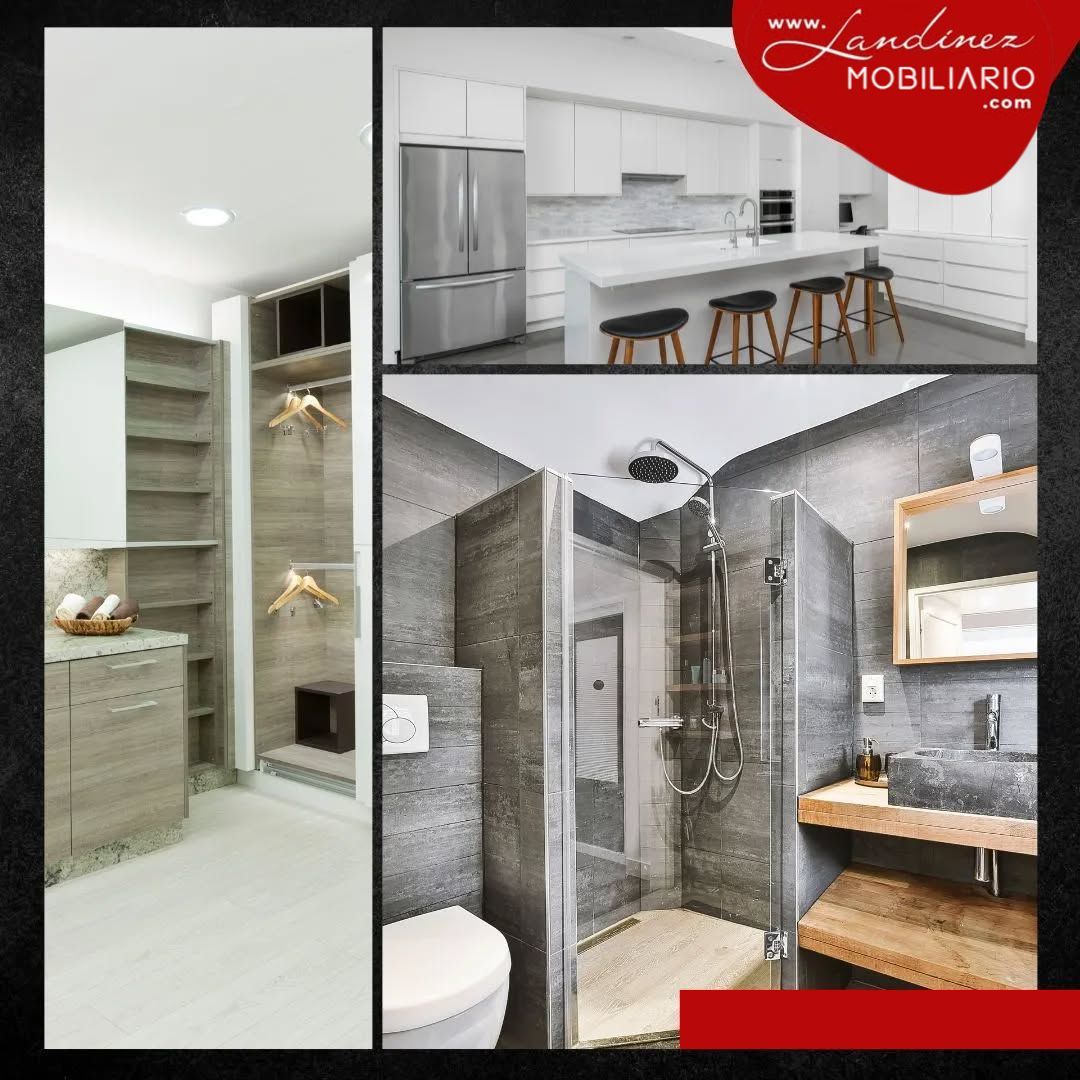 Imagen compuesta de un armario, una cocina y un baño modernos; con tonos neutros y diseños elegantes.