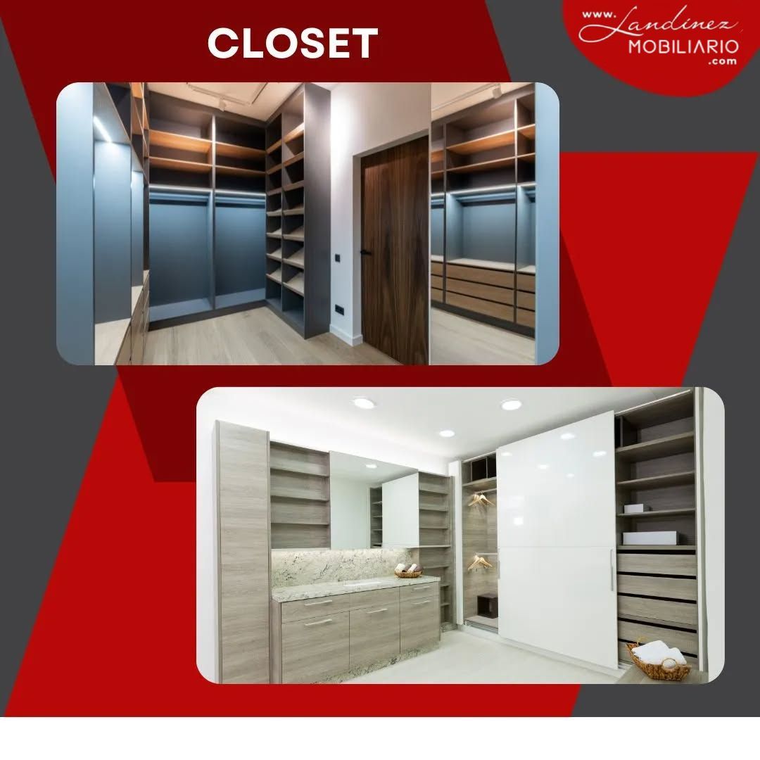 Dos armarios a medida: uno azul y otro blanco, cada uno con estantes, cajones y espejos. Texto: 