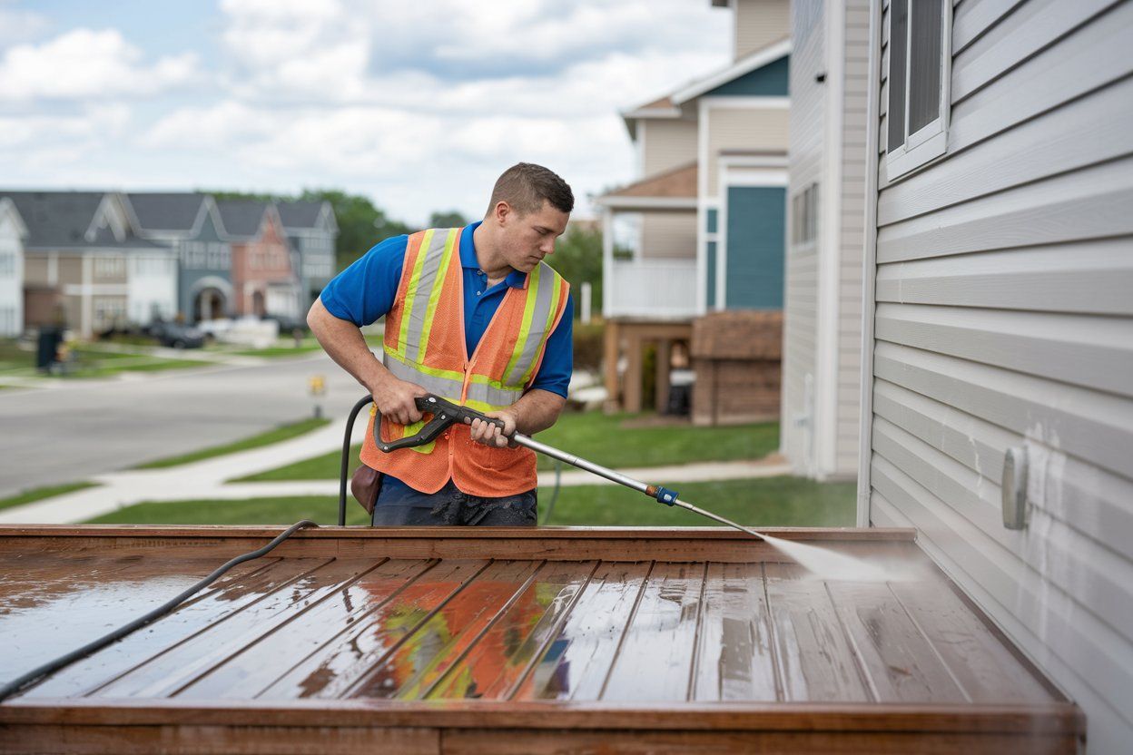 A man is cleaning a wooden deck with a high pressure washer.
