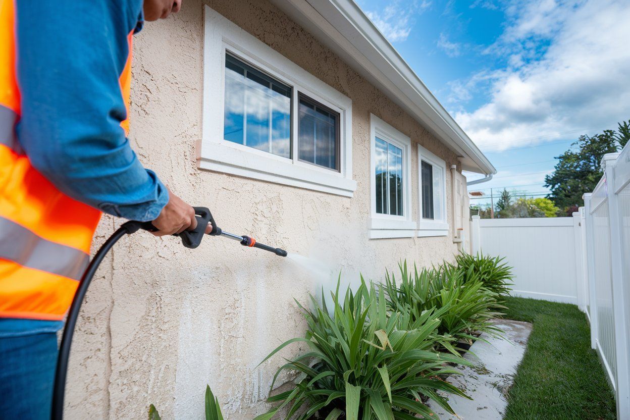 A man is spraying a house with a hose.