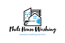 Logo for Phil's House Washing. A house is being pressure washed. Blue and white colors. Black outlined buildings.