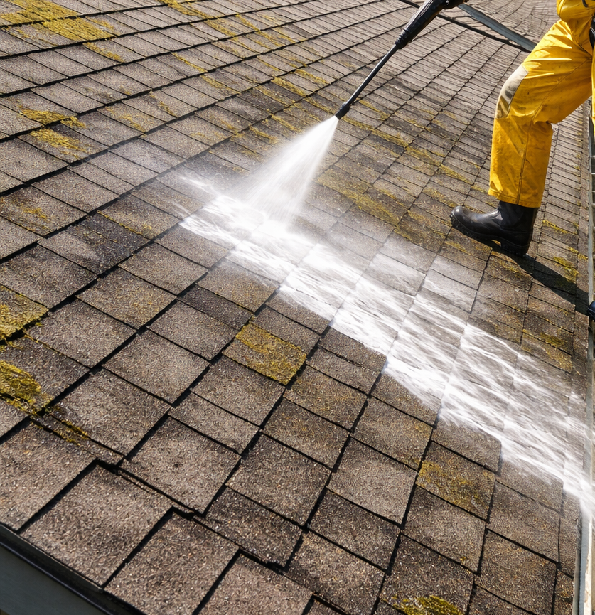 A man is cleaning a brick wall with a high pressure washer.