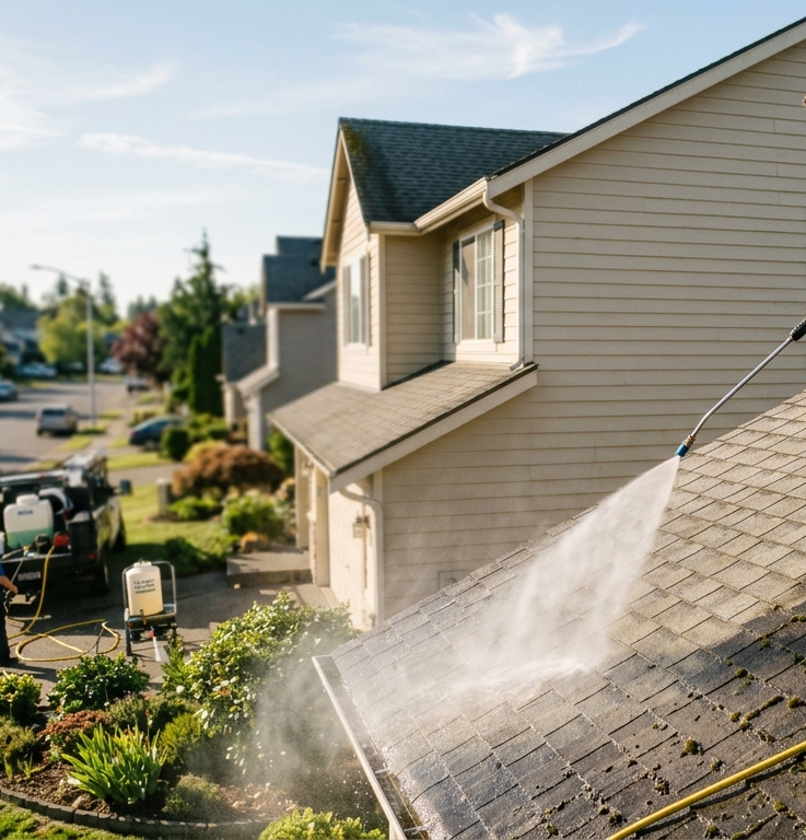 A man is using a high pressure washer to clean a wooden deck.