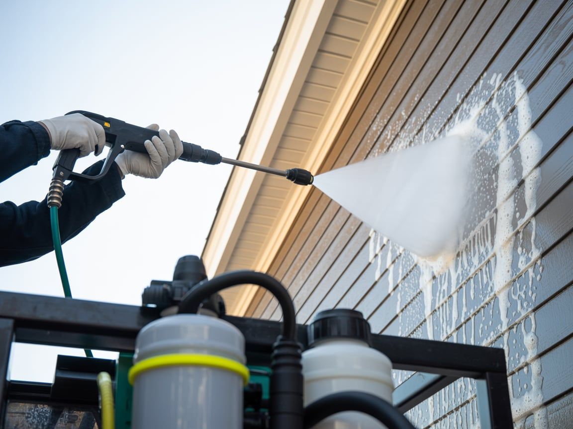 Person power washing a house with a pressure washer.