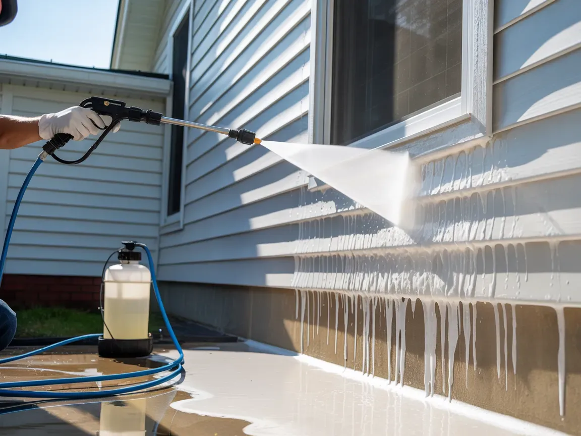 Person using a pressure washer to clean siding on a house; white foam drips down.