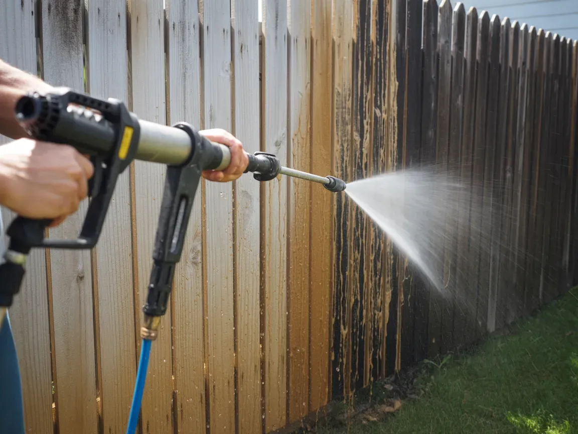 Person power washing a wooden fence, removing dirt and grime.