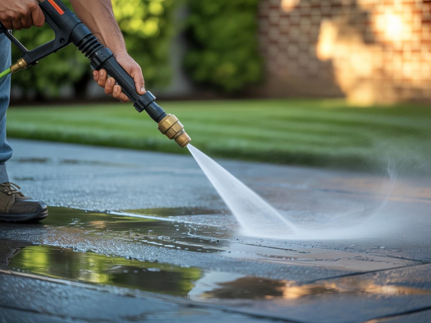 A man is cleaning a brick wall with a high pressure washer.