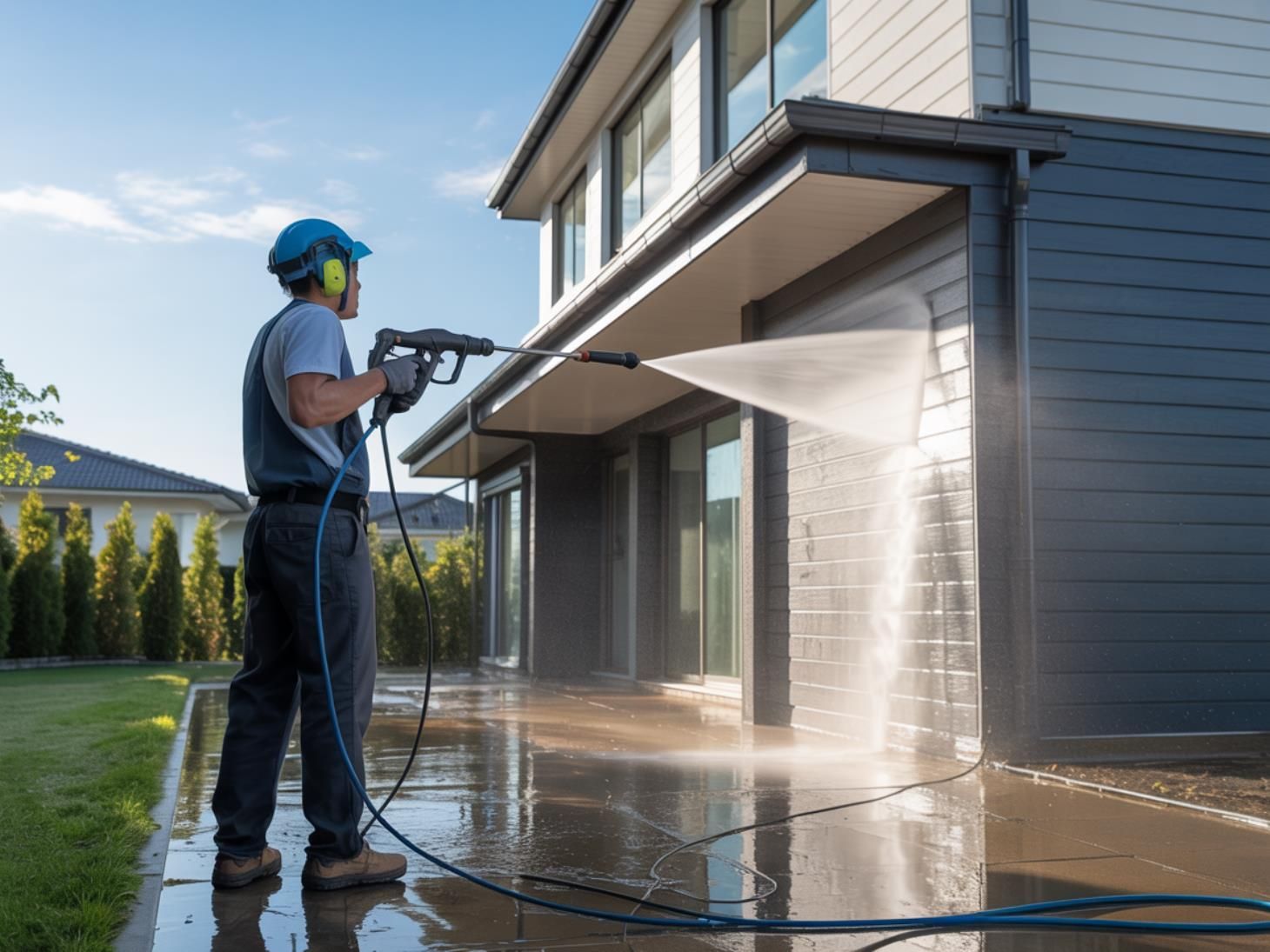 Person in blue shirt and boots power washes a wet concrete surface with a truck in the background.