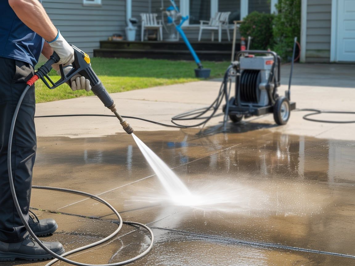 A man is using a high pressure washer to clean a wooden deck.
