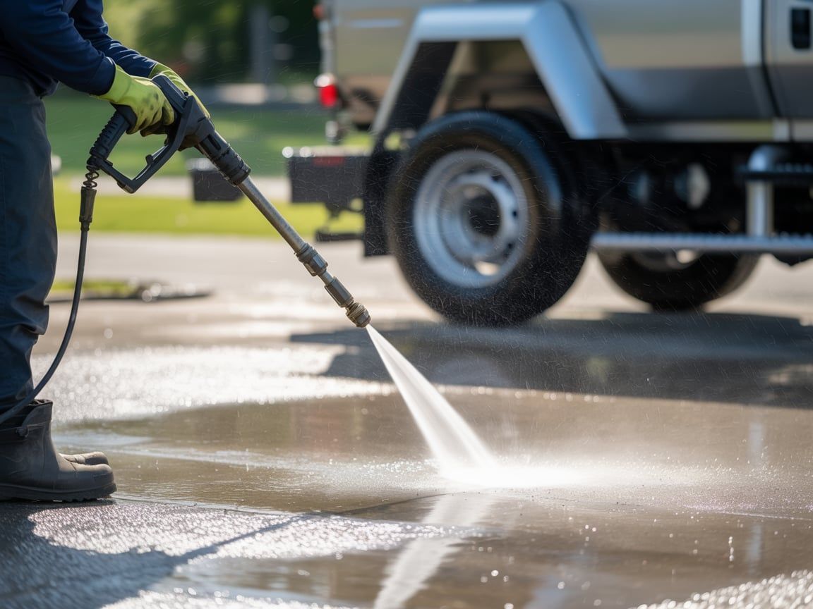 Person in blue shirt and boots power washes a wet concrete surface with a truck in the background.