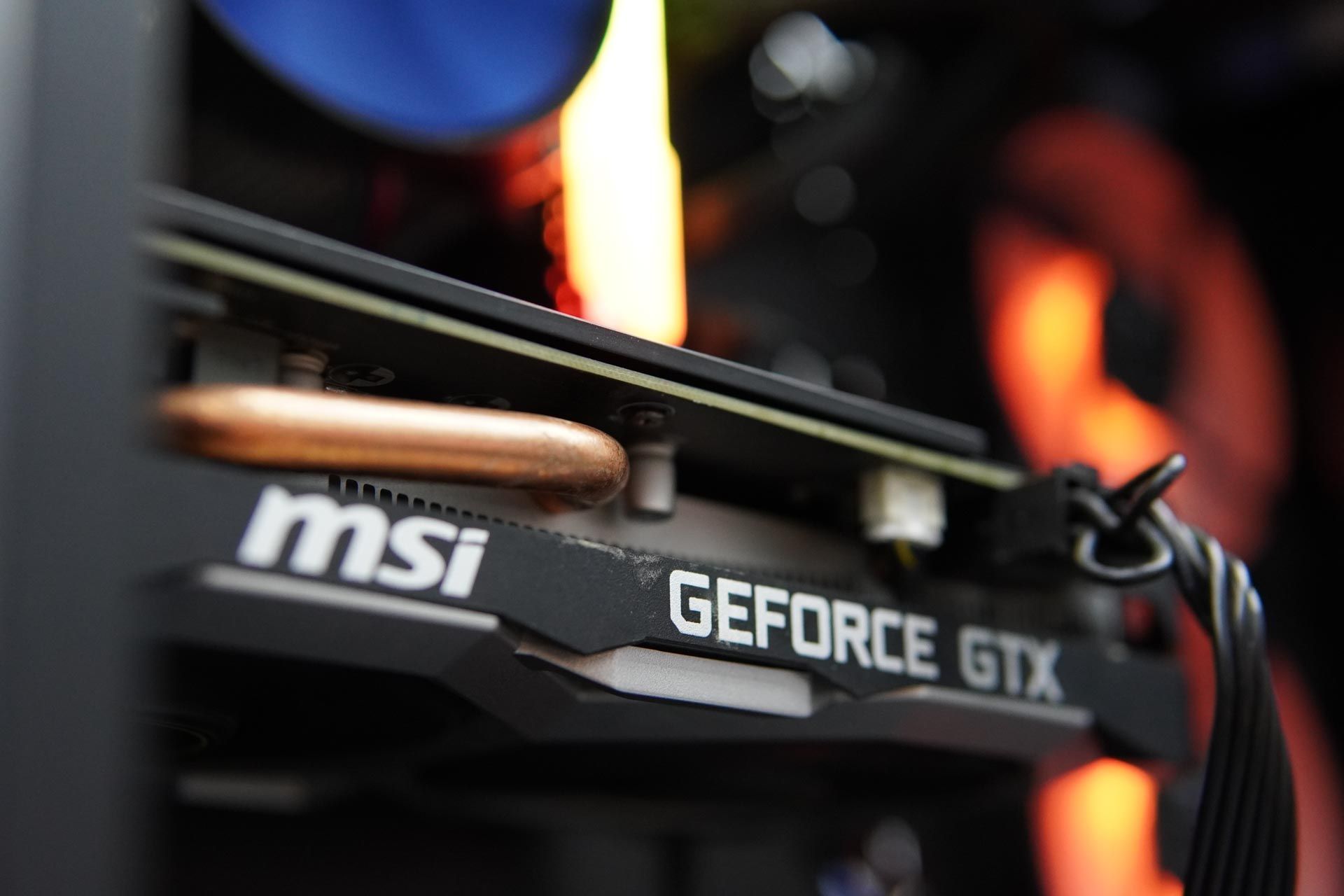 A close up of a msi geforce gtx graphics card