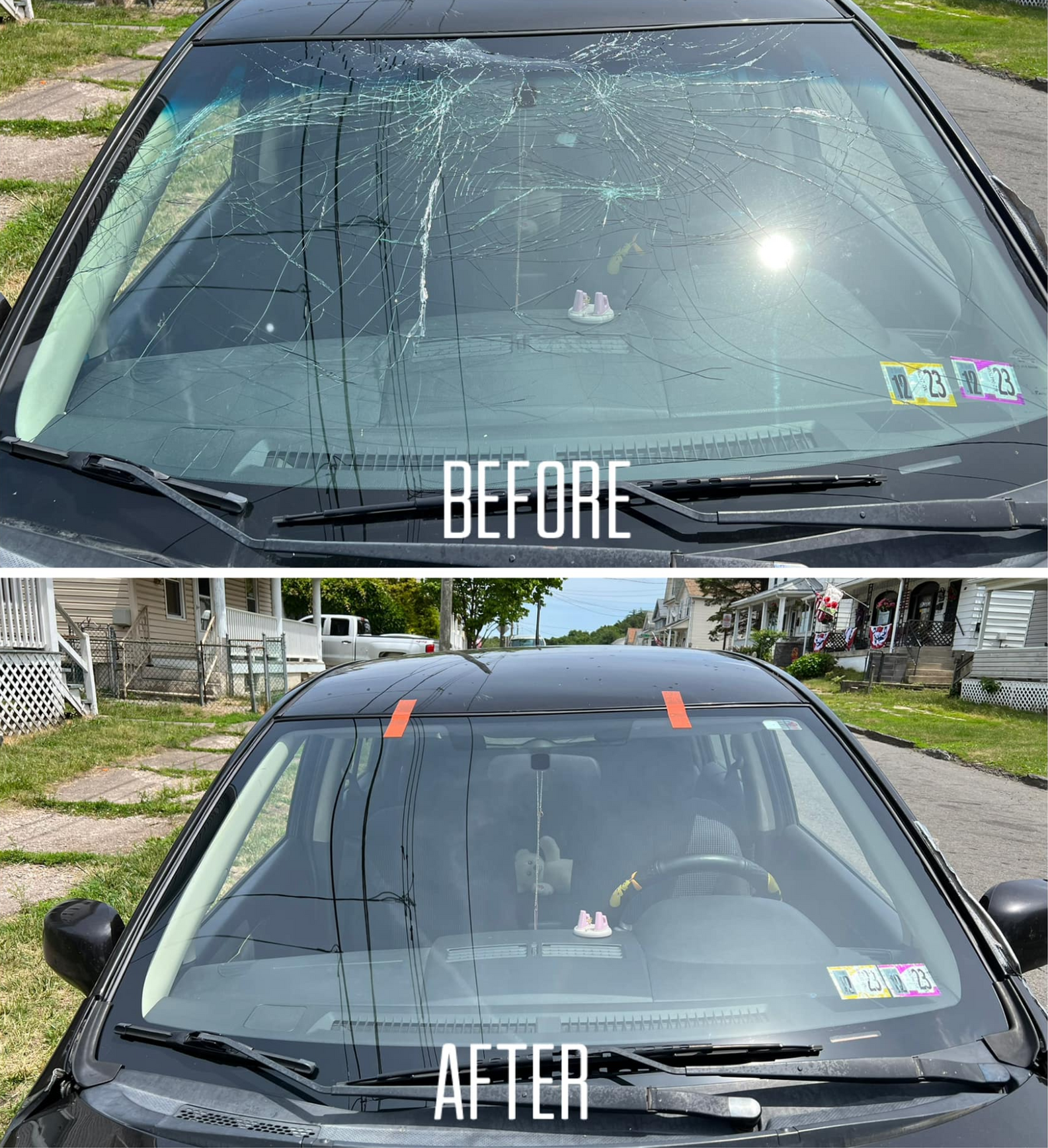 a before and after picture of a car windshield cleaning .