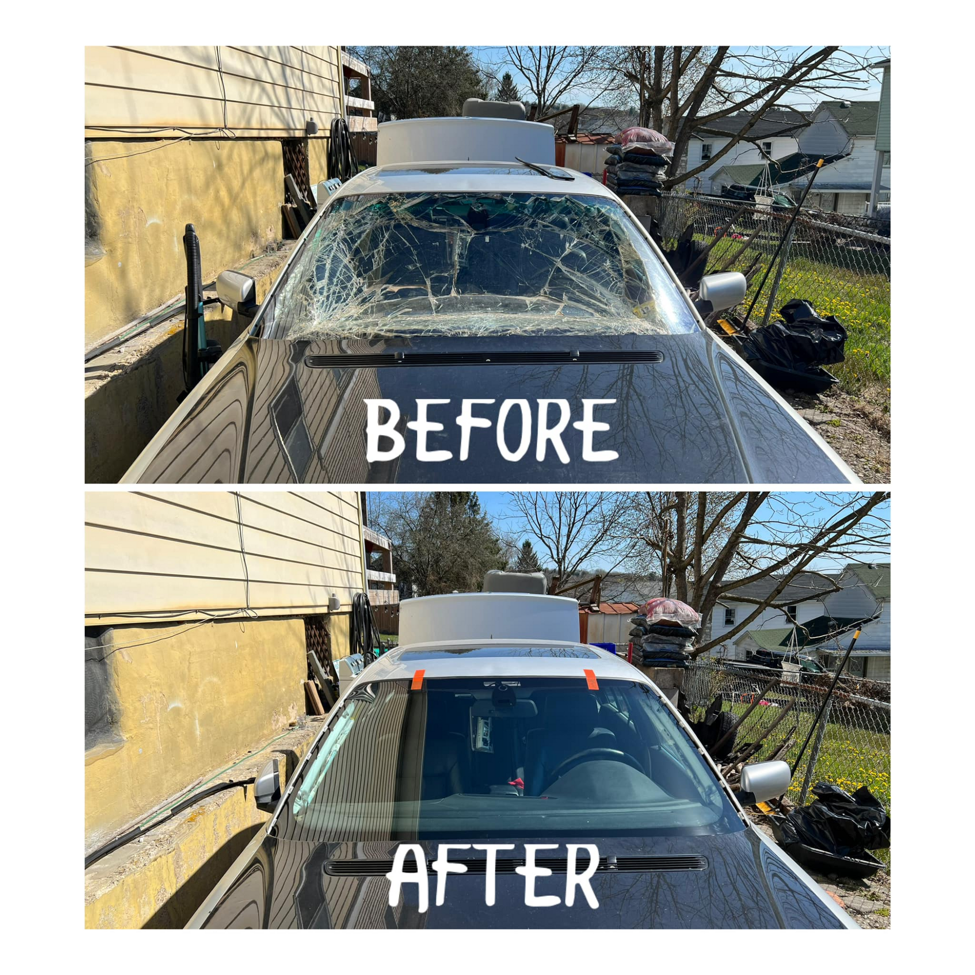 a before and after picture of a car with a broken windshield .
