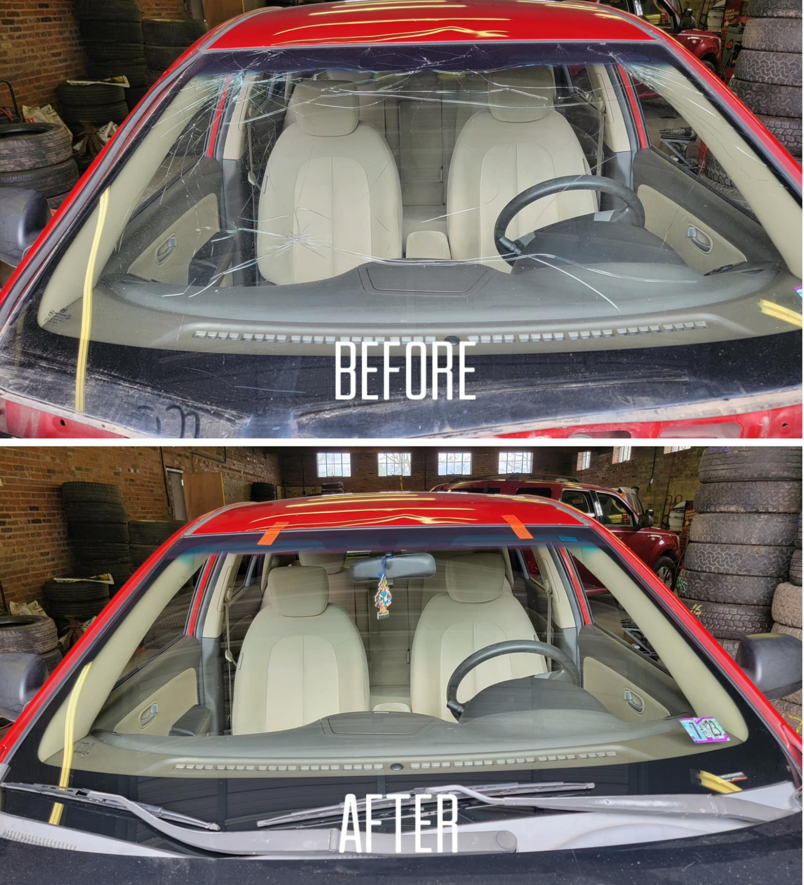 a before and after picture of a red car