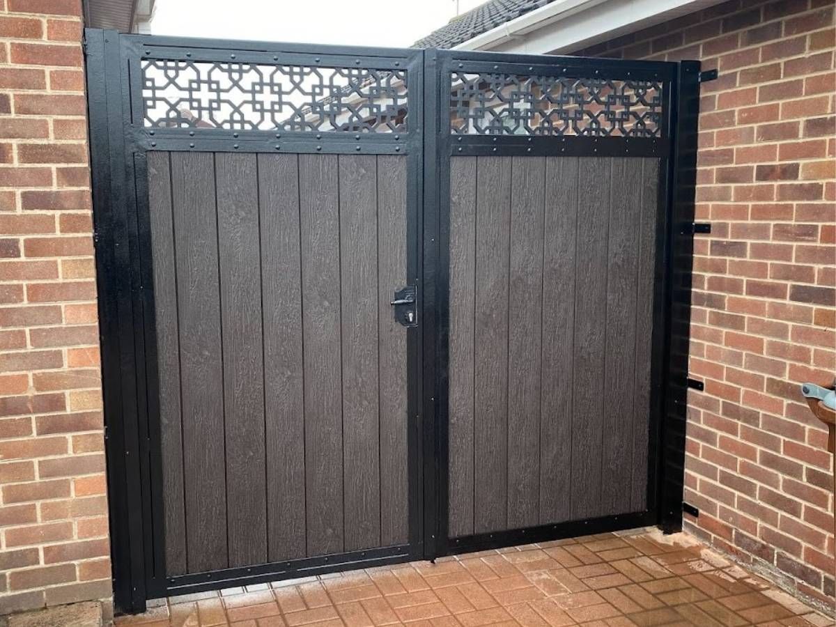Metal Gates & Railings Derby Chocolate composite gates with composite trellis