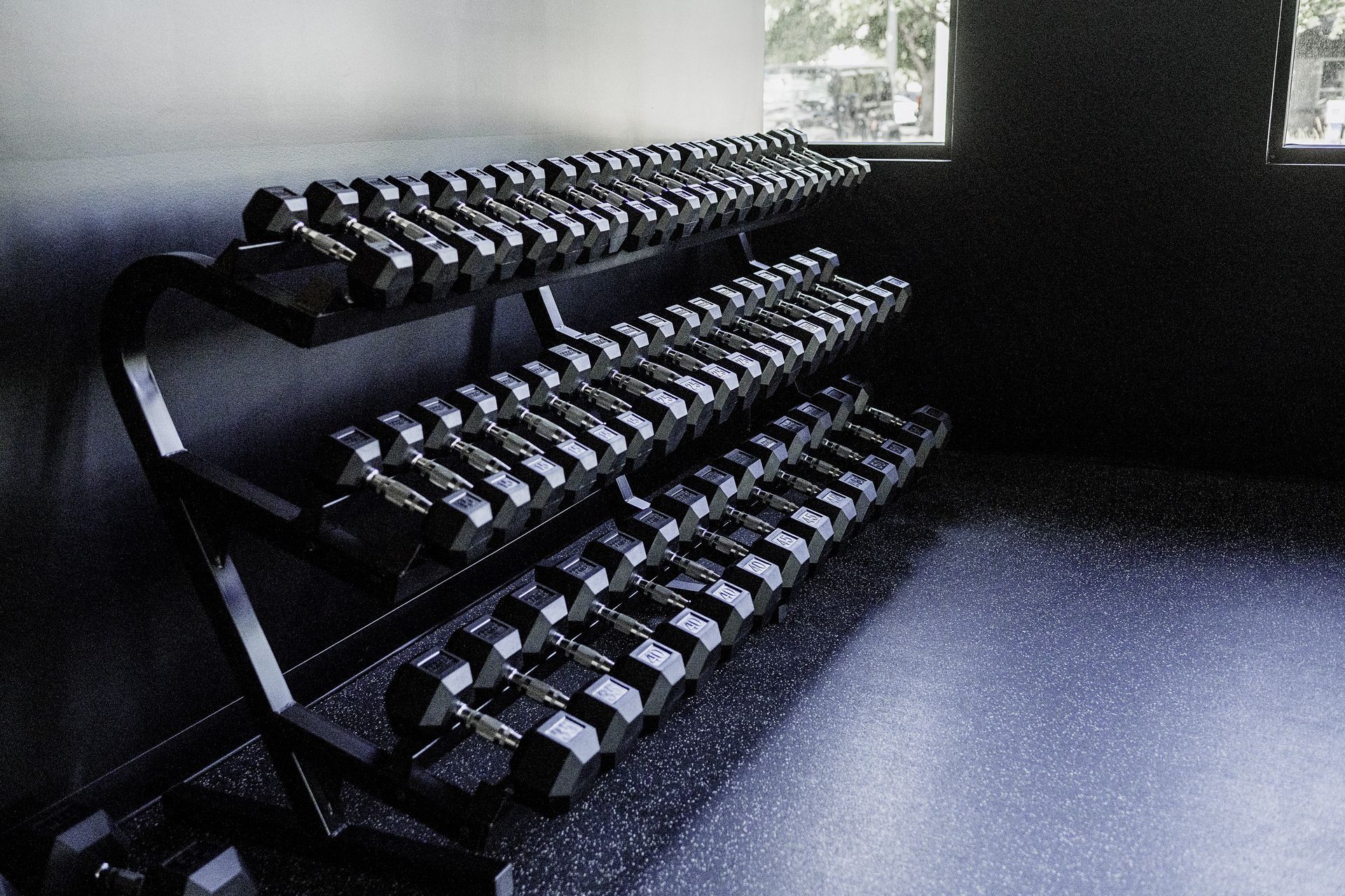 Dumbbell rack in a dimly lit gym. Rows of weights are organized on a three-tiered black rack.