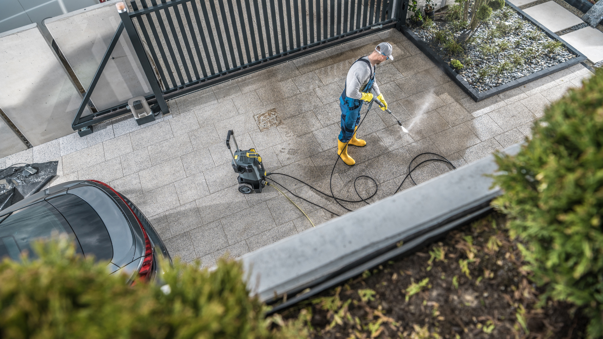 A man is cleaning a driveway with a high pressure washer.