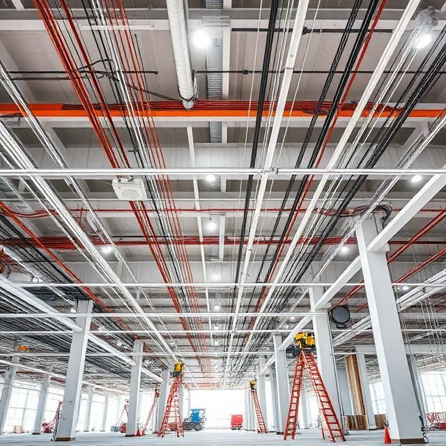 Spacious industrial interior with exposed ceiling pipes, red ladders, and a polished concrete floor under construction