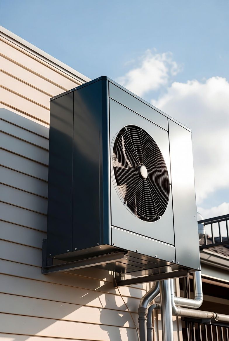 Outdoor wall-mounted HVAC unit with a large fan on a beige building exterior