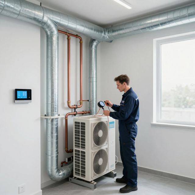 Technician inspecting electrical control panels in an industrial facility