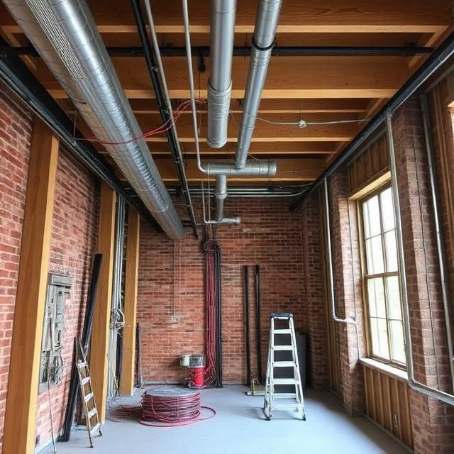 Empty industrial room with brick walls, exposed ducts, large windows, and a ladder on the floor