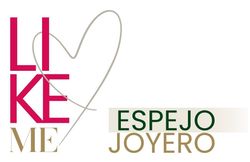 Logo con texto “LIKE ME” en rosa, corazón dibujado y “ESPEJO JOYERO” en verde y dorado.