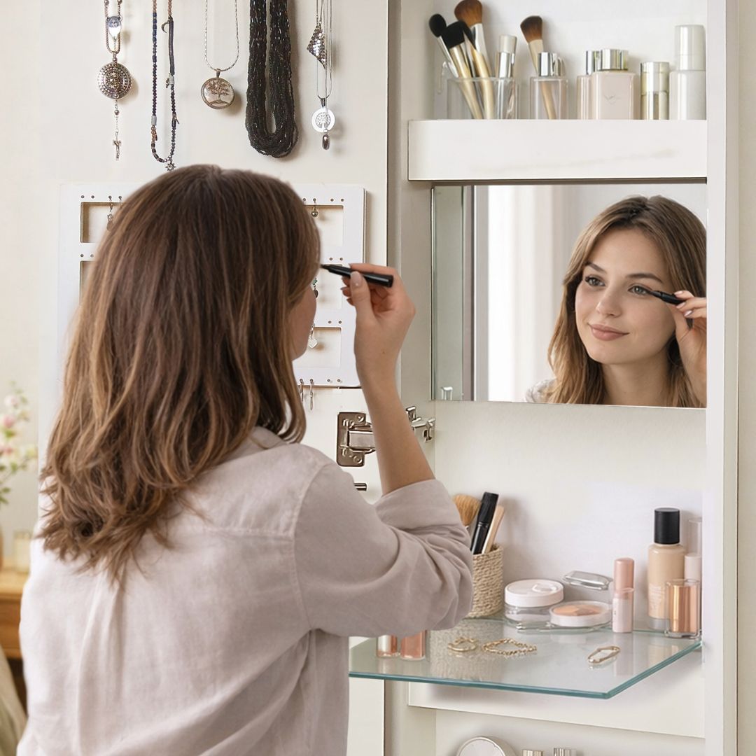 Mujer maquillándose frente a un espejo de pared en un tocador, con cosméticos y brochas cerca.