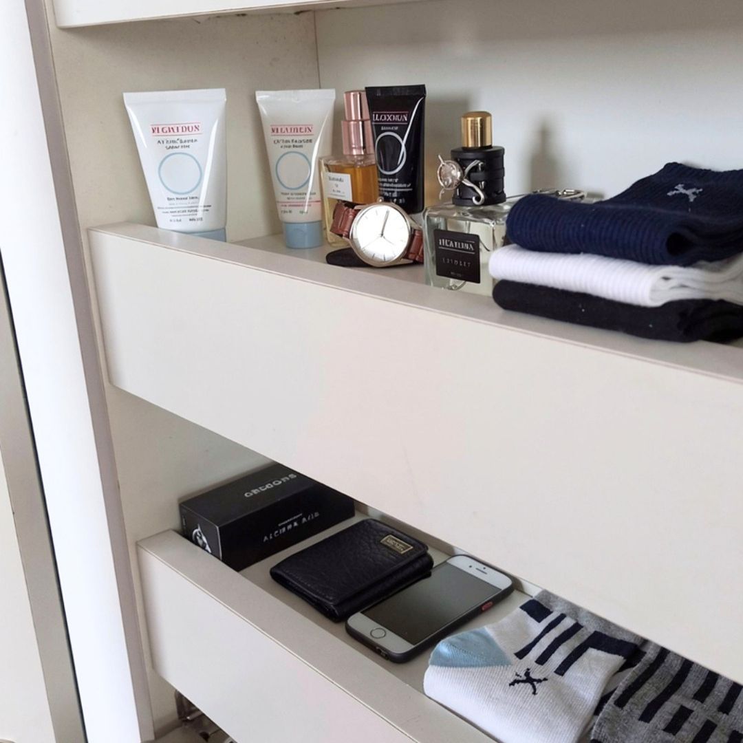 Cosmeticos, perfumes y accesorios masculinos ordenados en estantes del interior del espejo joyero