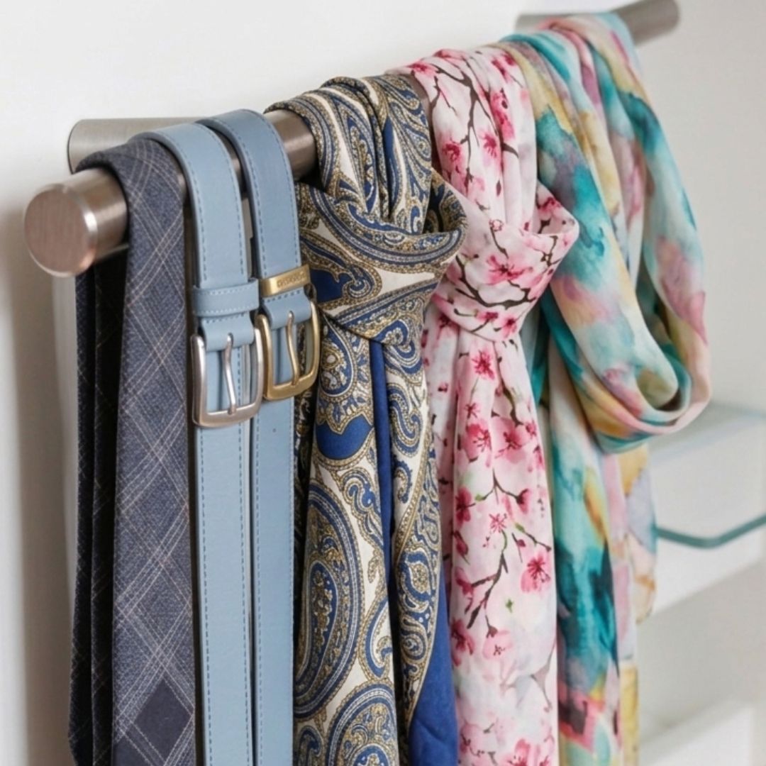Cinturones y bufandas estampadas cuelgan ordenadamente de la barra del armario.