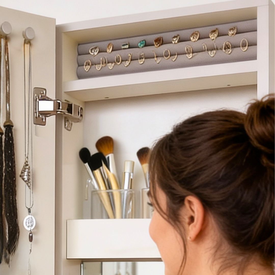 Tocador de baño con joyas y brochas de maquillaje colgadas en una bandeja junto al espejo.