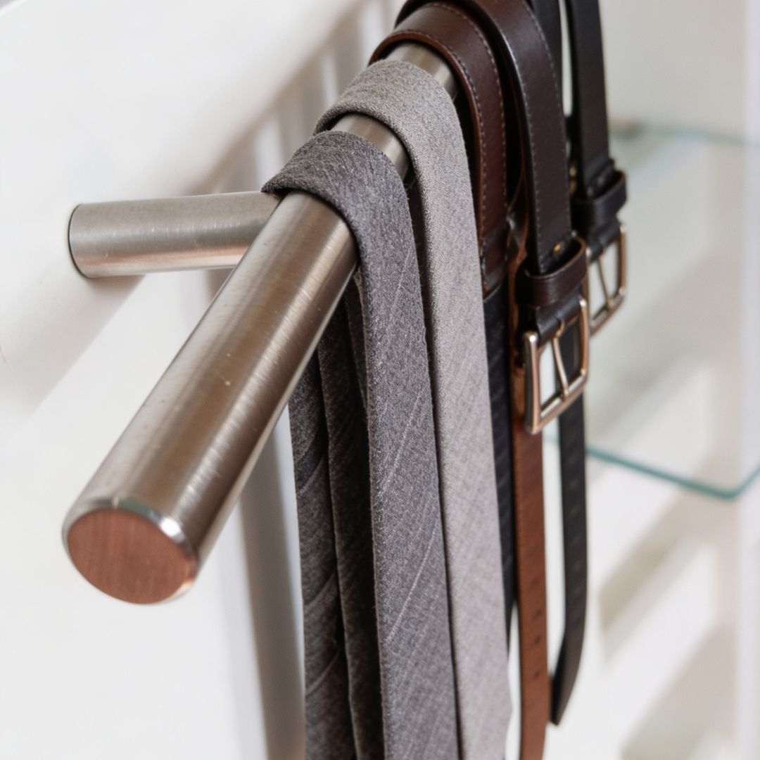 Primer plano de cinturones colgados en un perchero metálico con una repisa de cristal al fondo.