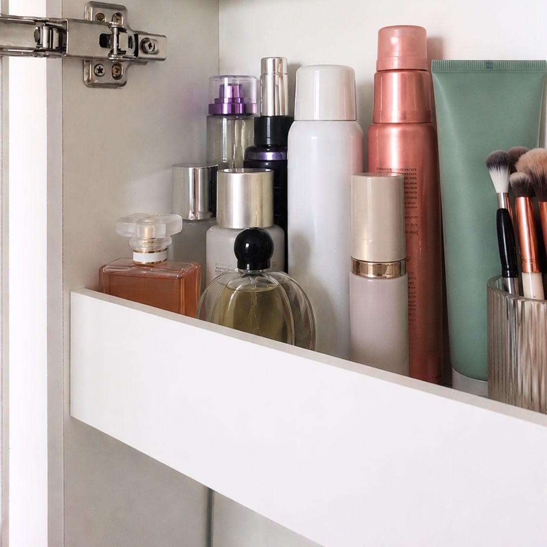 estante superior de interior de espejo organizador con envases y frascos de perfumes y cosméticos